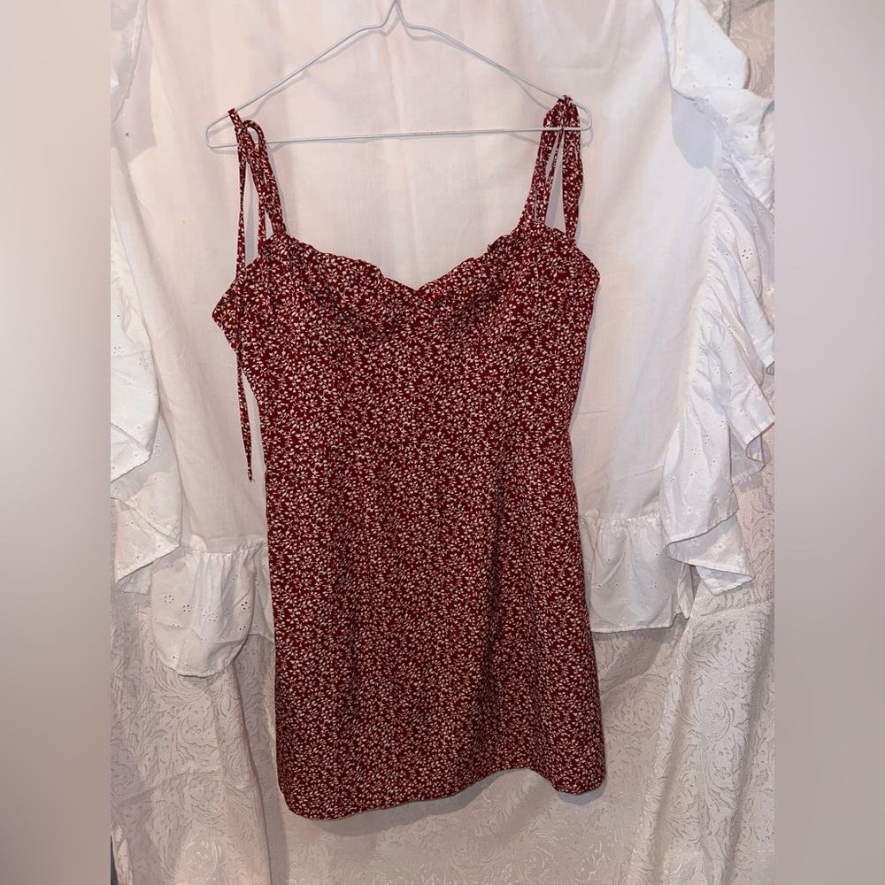 Red Floral Dress w/ White Flowers & Tie Up Straps